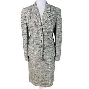Kasper Size 14 2-Piece Suit Skirt w/ Blazer Jacket Black White Tweed Office Work